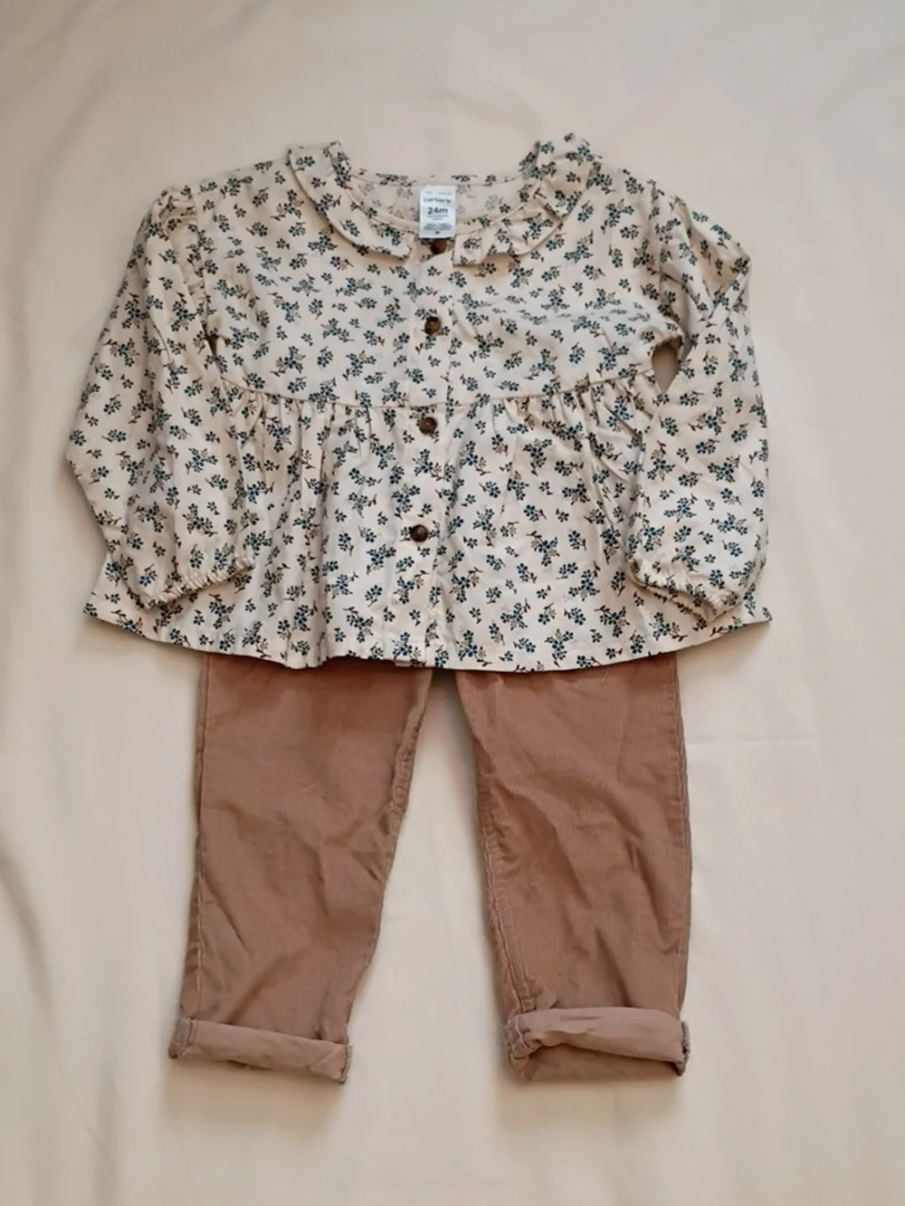 Carter's Cream Floral Button-Front Top with Tan Pants Size 24m